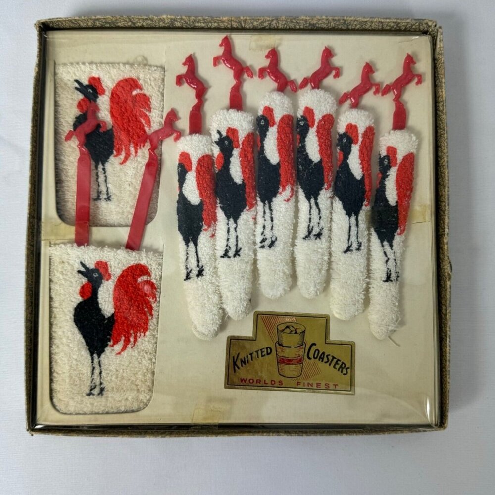 Vtg Knitted Coasters Rooster Motif Horse Swizzle Sticks Midcentury Bar Kitschy